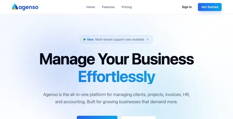 Agenso home page with the "Manage Your Business Effortlessly" headline