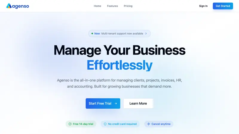 Agenso home page with the headline Manage Your Business Effortlessly and a Start Free Trial button