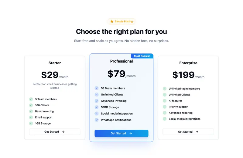 Agenso pricing with Starter at $29, Professional at $79 and Enterprise at $199 a month