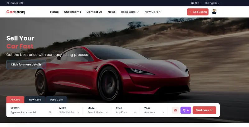 Carsooq car marketplace home page with its vehicle search