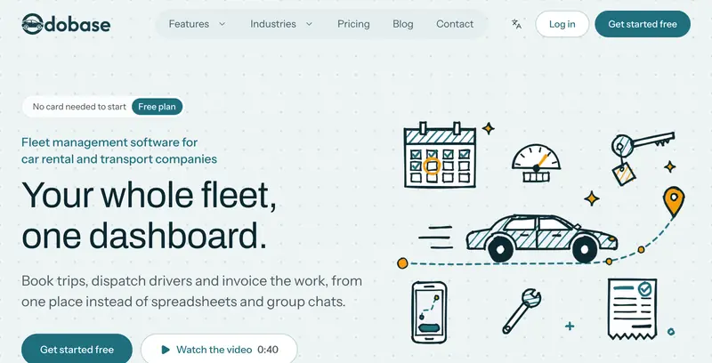 Odobase home page with the "Your whole fleet, one dashboard" headline and fleet illustrations