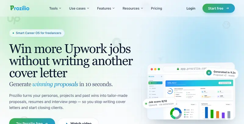 Prozilio home page with the "Win more Upwork jobs without writing another cover letter" headline and an app preview