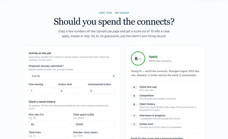 Prozilio free Upwork job scorer showing an 8 out of 10 Apply verdict with a score for each of the five factors
