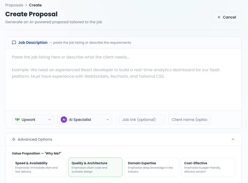 Prozilio Create Proposal screen with a job description box, platform and persona selectors, and value proposition options for the AI-written proposal
