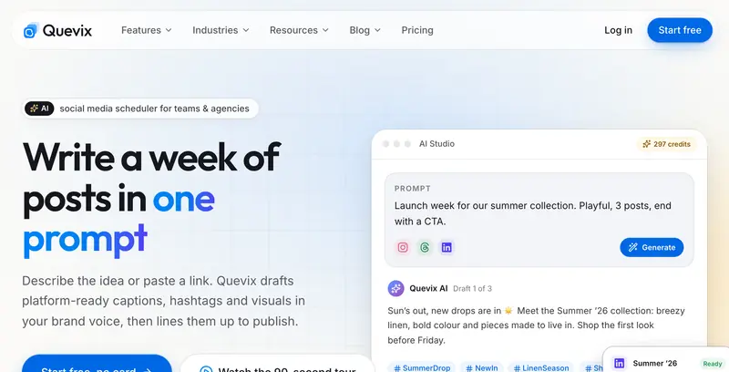 Quevix home page, a Next.js marketing site, with the "Write a week of posts in one prompt" headline and the AI Studio composer
