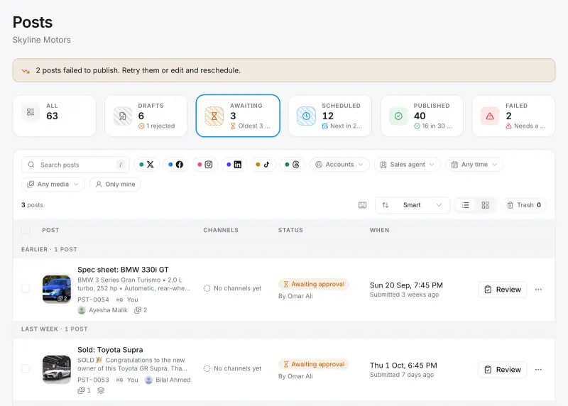 Quevix posts list filtered to posts awaiting approval, with Review buttons