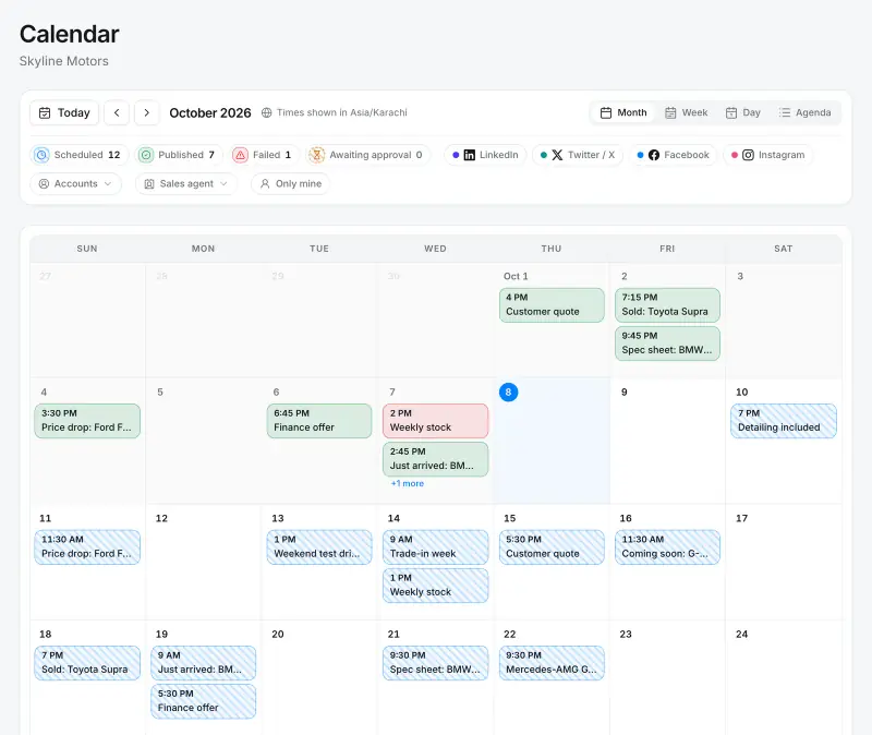 Quevix calendar in month view for a demo car dealer, showing scheduled, published and failed posts