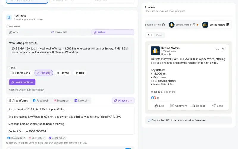 Quevix post composer with a car listing brief, tone buttons, captions for Facebook, Instagram and LinkedIn, and a LinkedIn post preview