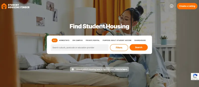 Student Housing Finder home page with its accommodation search