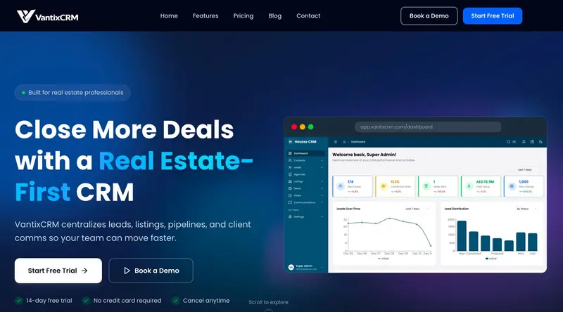 Vantix CRM landing page with its real estate dashboard