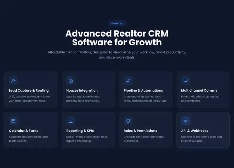 Eight VantixCRM feature cards including lead capture and routing, Houzez integration, pipeline and automations, and reporting