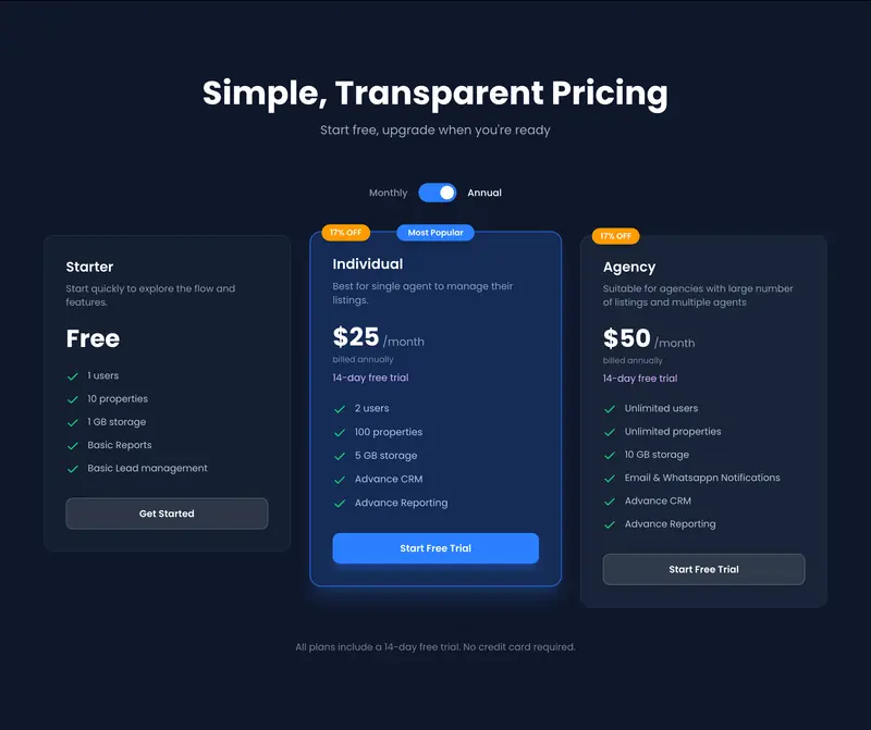 VantixCRM pricing with a free Starter plan, Individual at $25 and Agency at $50 a month billed annually